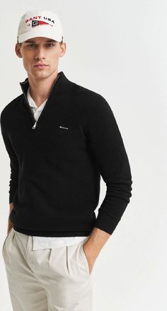 GANT Mens Coton Pique Half Zip Fleece - Black - Size: 42