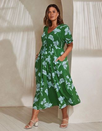 Live Unlimited London Womens Green Floral Print Short Sleeve Lace Up Dress - Size: 14