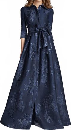 Teri Jon Metallic Jacquard Shirtdress Gown In Navy