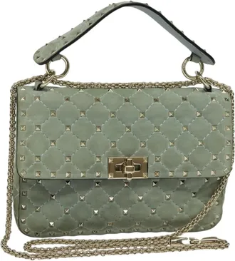 Valentino Garavani Rockstud Spike Flap Quilted Suede Blue Suede Handbag (Pre-Owned)