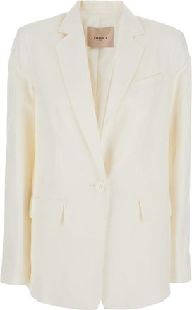 Twin-Set White Single-breasted Jacket With Notched Revers And Dropped Shoulders In Linen Blend Woman