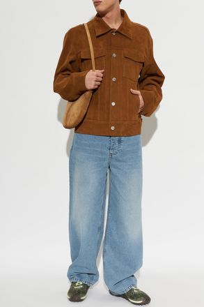 Ami Suede Jacket With Embroidered Logo, Mens, Brown