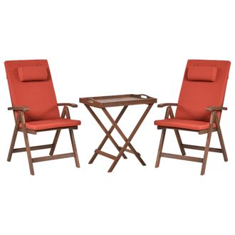 Beliani Beliani - Conjunto De Balc&oacute;n R&uacute;stico De Acacia Maciza Natural Mesa Y 2 Sillas Plegables Con Cojines Rojos Amantea Premium