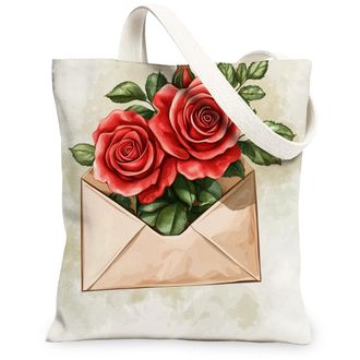 Generic Rose Canvas Tote Bags, Floral Design Reusable Grocery Bags, Spring Vintage Lightweight Washable Shoulder Strap Canvas for Travel Beach Picnic 13x15 In