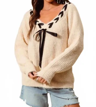 So Me Braided Ribbon V-Neck Sweater Top In Beige