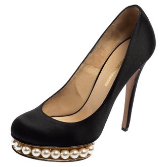 Nicholas Kirkwood Black Satin Casati Faux Pearl Platform Pumps