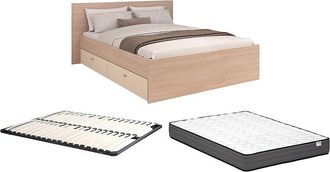 Vente-Unique Cama con 4 cajones 160 x 200 cm - Natural y beige + Somier + Colch&oacute;n - VELONA