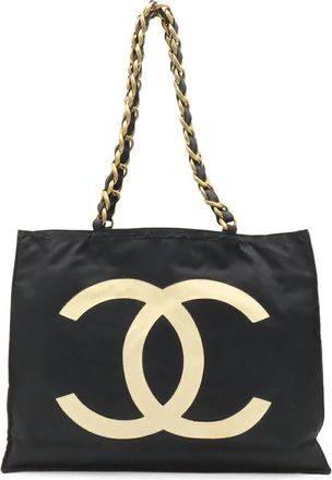 Chanel Black White Nylon Canvas Shoulder Bag Tote Bag (Pre-Owned)