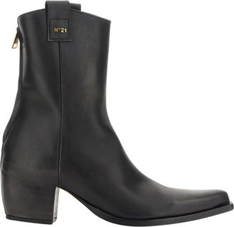 N&deg;21 Leren enkellaars met spitse neus - Dames - Cowboylaarzen - Zwart - 37 EU - Leer - Schoenen