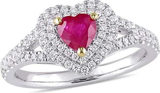 Amour Heart Shape Ruby and 2/5 CT TW Diamond Double Halo Ring In 14K White Gold with Yellow Gold Prongs