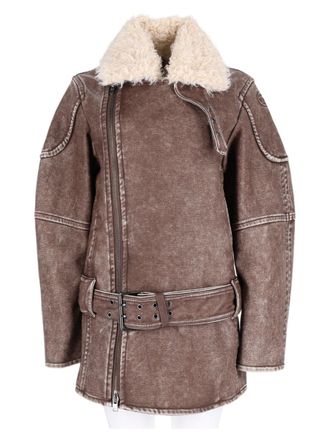 Diesel Brown Distressed Shearling-Collar Polyurethane Jacket