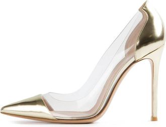 EDEFS Womens Closed Toe High Heel Court Shoes PVC Pumps Slip On Dress Shoes Gold EU35