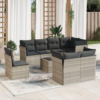vidaXL Set Muebles Jard&iacute;n 9 Pzas Y Cojines Rat&aacute;n Sint&eacute;tico Gris Claro Vidaxl
