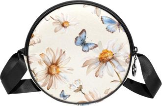 Generic Circle Crossbody Bag for Women, Daisies Butterflies Small Sling Bag Daypack with Zipper Adjustable Shoulder Straps Casual Ladies Girls Round Purse