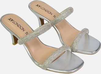 XY London Womens XY London Womens/Ladies Nancy Diamante Square Toe Strappy Kitten Heel Mules - Silver - Size: 5