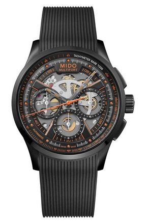 Mido Multifort Skeleton Black Chronograph Automatic Rubber Strap Watch, 43mm at Nordstrom