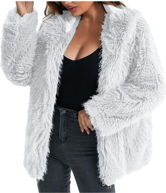 Generic Womens Faux Fur Coat Short Artificial Long Sleeve Casual Overcoat Solid Thick Outerwear Winter Jacket Crew Neck Zip-up Plush Warm Cardigan Fluffy Coat