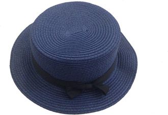 ACVIP Womens Solid Color Straw Boater Hat with Bow Band (Navy Blue)