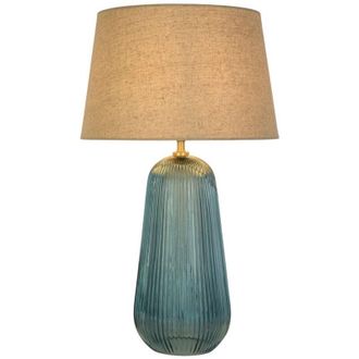Searchlight Searchlight Cameo Lámpara de mesa de 1 luz, vidrio azul con pantalla de lino natural
