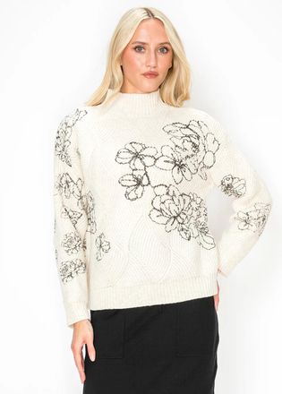 YAL New York Floral Embroidered Mock Neck Sweater in Cream