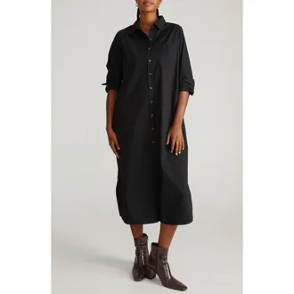 Universal Standard Odeon Long Sleeve Stretch Poplinn Midi Shirtdress in Black at Nordstrom, Size Xs