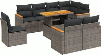 vidaXL Set De Muebles De Jard&iacute;n 9 Pzas Y Cojines Rat&aacute;n Sint&eacute;tico Gris Vidaxl