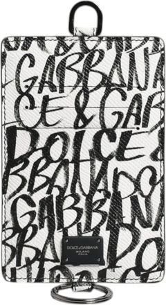 Dolce & Gabbana White Leather Lanyard Logo Print Card Holder Mens Wallet