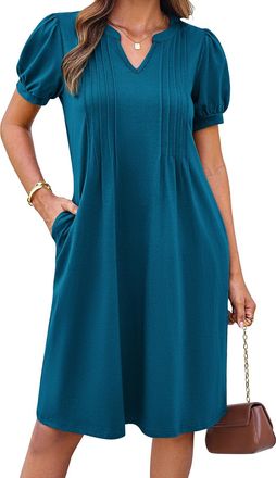 Grace Karin Ladies Summer Dress Midi A-Line Short Sleeves Cotton Dress Casual Prom Wedding Guest Dresses Peacock Blue S