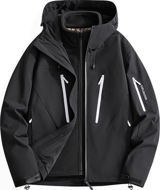 Generic Mens Waterproof Jacket 3 in 1 Windproof Windbreaker Fleece Lined Insulated Coat Turtleneck Full Zip Jackets with Removable Hood Leisure Fashion Outerw