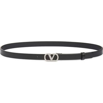 Valentino Garavani VLOGO Signature Leather Belt in Black/Crystal at Nordstrom, Size 85