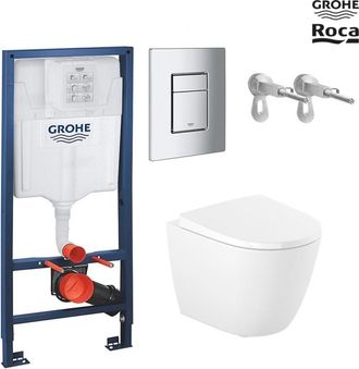 GROHE Bastidor Grohe Pack Cisterna Empotrada Y Pulsador Cromo Con Inodoro Wc Suspendido Roca Ona Blanco 48 Cm
