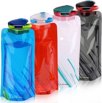 OEM Botellas De Agua Plegables De 700 Ml, Paquete De 4, Botellas De Agua Reutilizables Con Mosquet&oacute;n Para Senderismo, Azul/rojo/blanco/negro