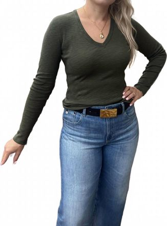 Lilla P Rib Slub Long Sleeve V Neck Top In Lichen