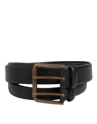 Dolce & Gabbana Black Double Strap Leather Brass Buckle Mens Belt
