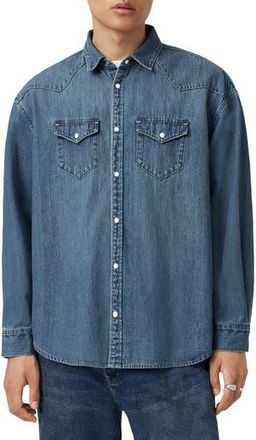 AllSaints Fenton Cotton Denim Snap-Up Shirt in Vintage Indigo at Nordstrom Rack, Size Xx-Large