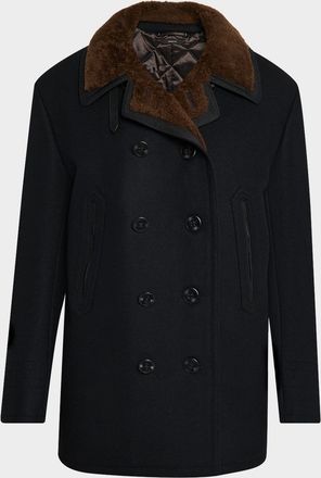 Tom Ford Mens Melton Wool Shearling Double-Breasted Peacoat