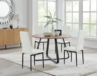 Furniturebox Santorini Brown Round Dining Table & 4 Milan Black Leg Chairs in Off-White