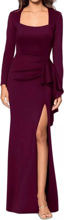 Xscape Square-Neck Draped Long-Sleeve Gown In Deep Purple