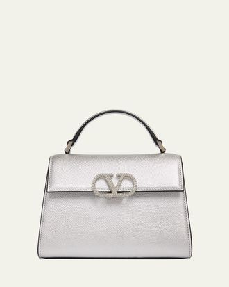 Valentino Garavani Mini Crystal VLogo Metallic Leather Top-Handle Bag