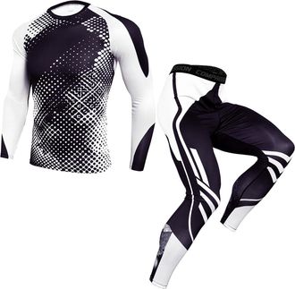 Generic Athletics Compression Tights for Adult 3D Printed Sports Running Quick Dry Sportswear Sets Mens Long Sleeve Skin Fit Base Layer Top + Compression Legg