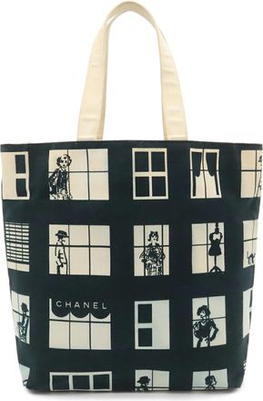 Chanel Black White Canvas Leather Shoulder Bag Tote Bag (Pre-Owned)
