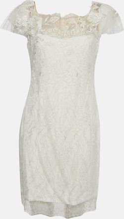 Marchesa White Metallic Lace Mini Dress