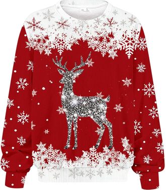 Generic Xmas Jumpers for Women Funny Xmas Jumpers Womens Plus Size Winter Crew Neck Ribbed All Over Print Long Sleeve Sweatshirt With Letter Print Red