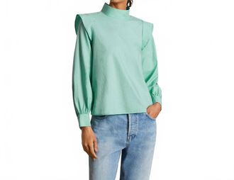 Everlane Wing Shoulder Mockneck Cotton Blouse In Jade Green