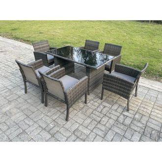 Fimous Wicker pe Outdoor Rattan Garden Furniture Arm Chair And Table Dining Sets 6 Seater Rectangular Table Dark Grey Mixed - Fimous
