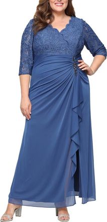 Alex Evenings Beaded Lace Bodice Empire Waist Gown in Wedgewood at Nordstrom, Size 14W