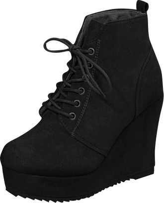 Generic Womens High Wedge Boots Thick High Heels Lace Up Ankle Boots For Women Suede Chunky Heel Booties Dressy Walking Booties Outdoor Ladies Warm Shoes Non 