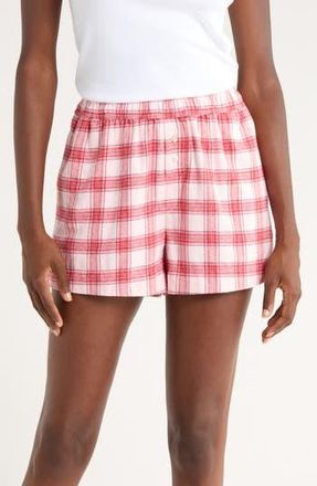 Open Edit Print Cozy Flannel Boxer Pajama Shorts in Pink- Red Gifting Plaid at Nordstrom Rack, Size X-Large