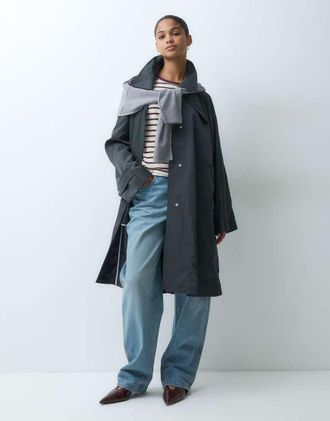 Arket cappotto car coat stile trench di media lunghezza svasato in puro cotone grigio scuro