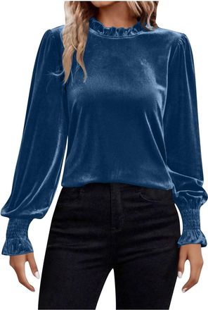 Generic Ladies Tops Velvet Long Sleeve Dressy Elegant Blouses Women Round Neck Smocked Cuffed Casual Velour Tee Shirts Fall Winter Tunic Top Office Work Party